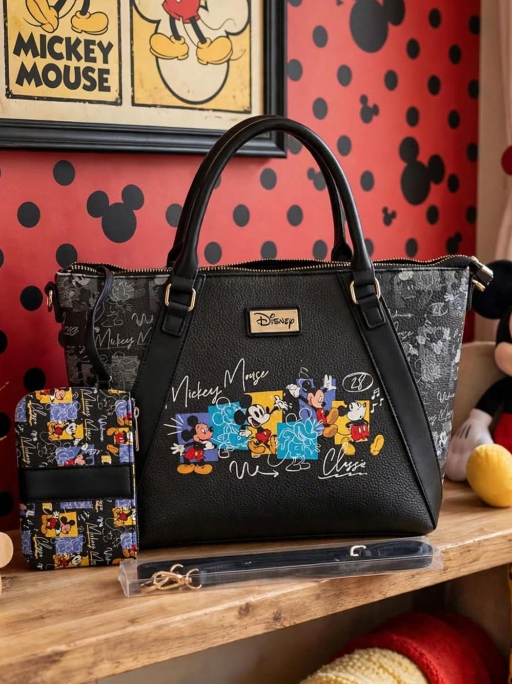 Disney Black Mickey Mouse Satchel with Multicolor Character Panels